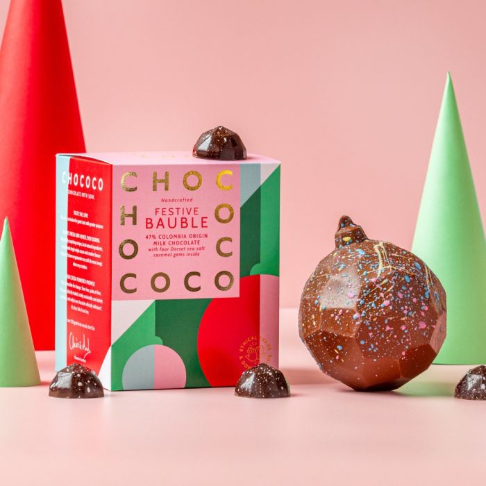 MILK CHOCOLATE BAUBLE WITH SEA SALT CARAMEL GEMS, CHOCOCO