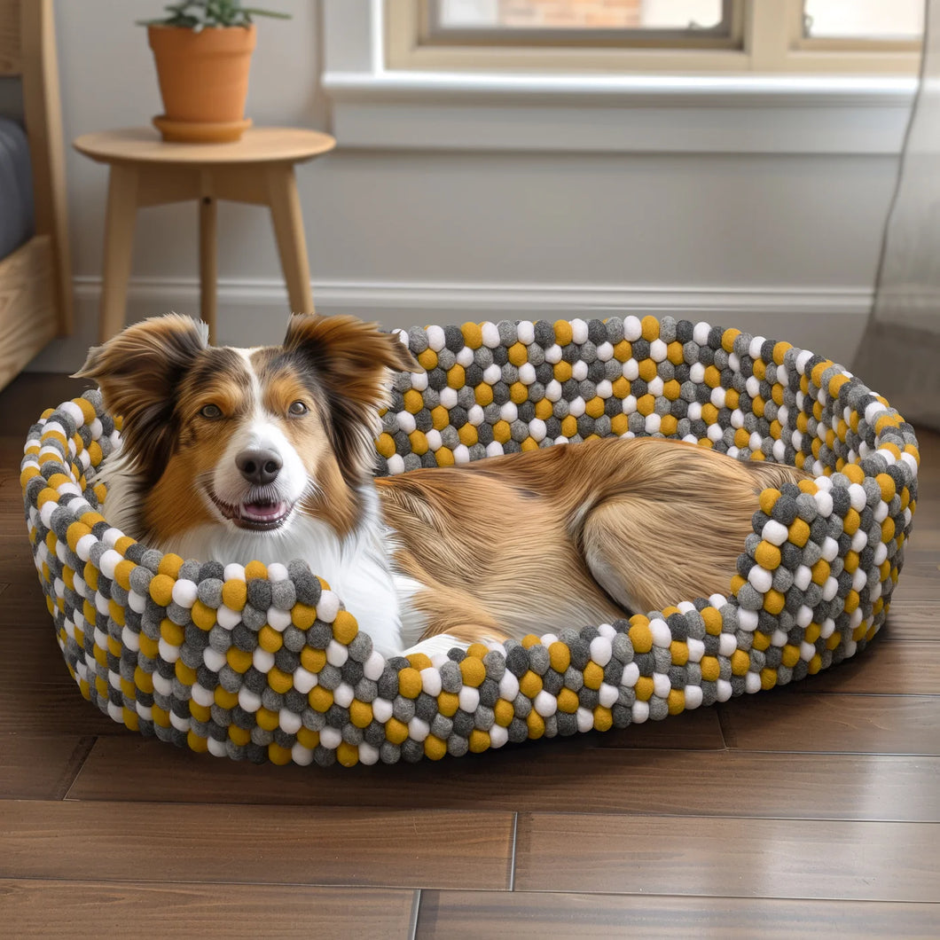 'MODWOOL' YELLOW/GREY FELT BALL PET BED, TORRE & TAGUS