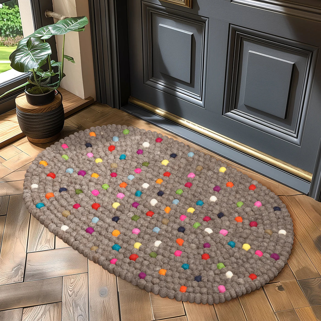 'MODWOOL' NATURAL BROWN FELT BALL OVAL DOOR MAT, TORRE & TAGUS