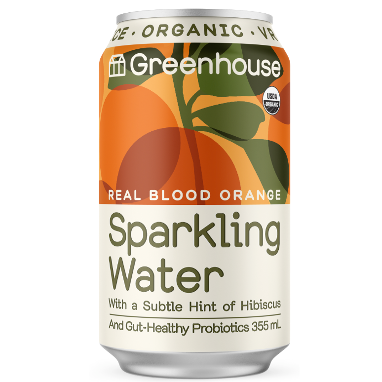 BLOOD ORANGE & HIBISCUS PROBIOTIC SPARKLING WATER, GREENHOUSE
