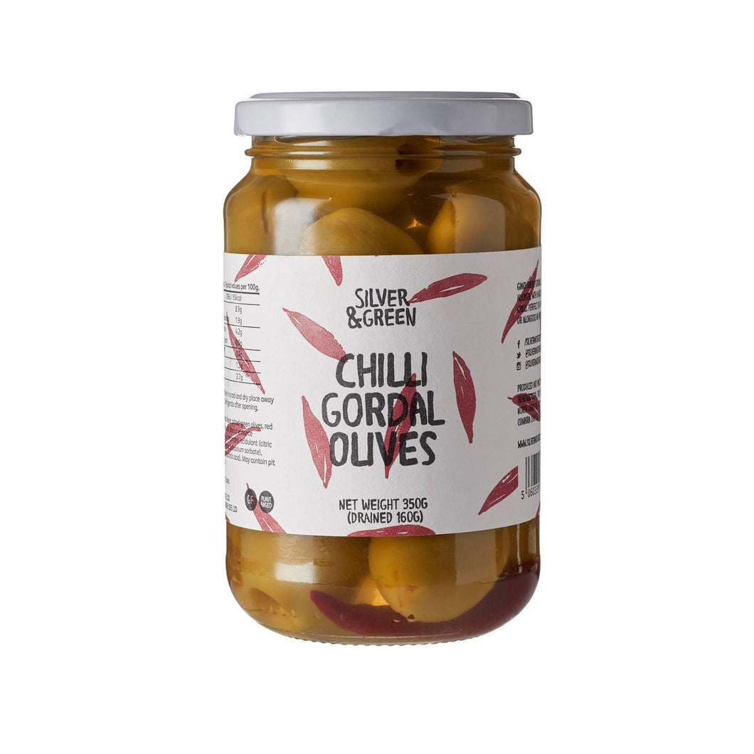 PITTED  CHILLI GORDAL OLIVES, SILVER & GREEN