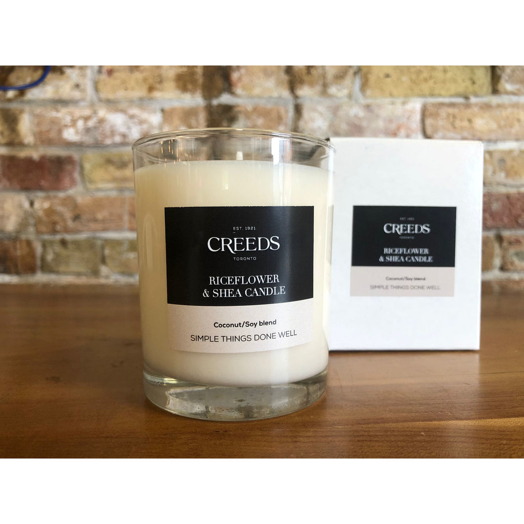 LUXE SOY CANDLE, RICEFLOWER & SHEA, CREEDS